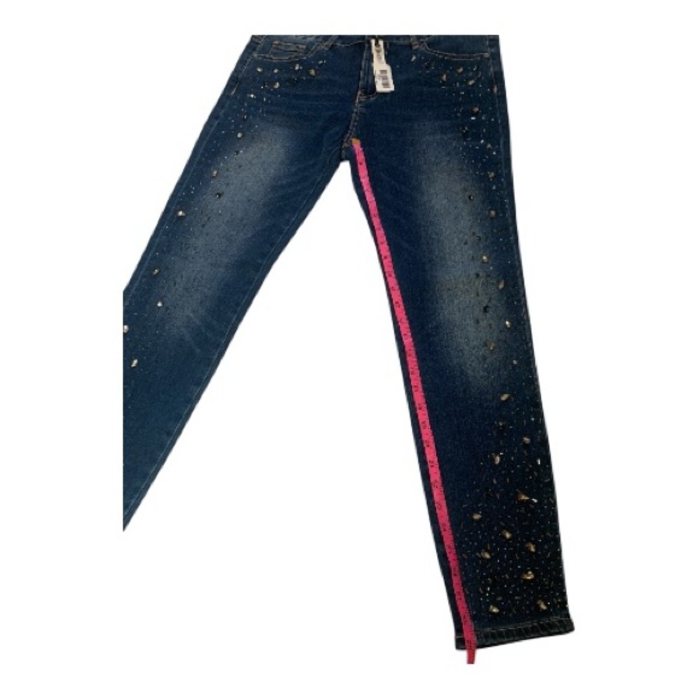 Coco + Carmen Dark Blue Wash Distressed Beaded Skinny Jeans High Rise Size L/XL - Picture 11 of 14